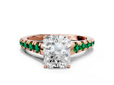 Rose gold Radiant Cut Diamond Cathedral Solitaire Ring with Round with Emerald side stone Pavé Band