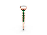 Rose gold Radiant Cut Diamond Cathedral Solitaire Ring with Round with Emerald side stone Pavé Band_2