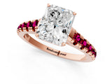 Rose gold Radiant Cut Diamond Cathedral Solitaire Ring with Round with Garnet side stone Pavé Band_13