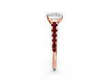 Rose gold Radiant Cut Diamond Cathedral Solitaire Ring with Round with Garnet side stone Pavé Band_14