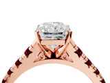 Rose gold Radiant Cut Diamond Cathedral Solitaire Ring with Round with Garnet side stone Pavé Band_16