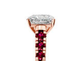Rose gold Radiant Cut Diamond Cathedral Solitaire Ring with Round with Garnet side stone Pavé Band_17