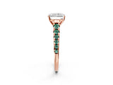 Rose gold Radiant Cut Diamond Cathedral Solitaire Ring with Round with Green Sapphire side stone Pavé Band_14