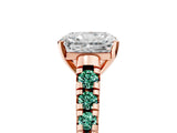 Rose gold Radiant Cut Diamond Cathedral Solitaire Ring with Round with Green Sapphire side stone Pavé Band_17