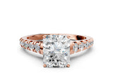 Rose gold Radiant Cut Diamond Cathedral Solitaire Ring with Round with Moissanite side stone Pavé Band_12