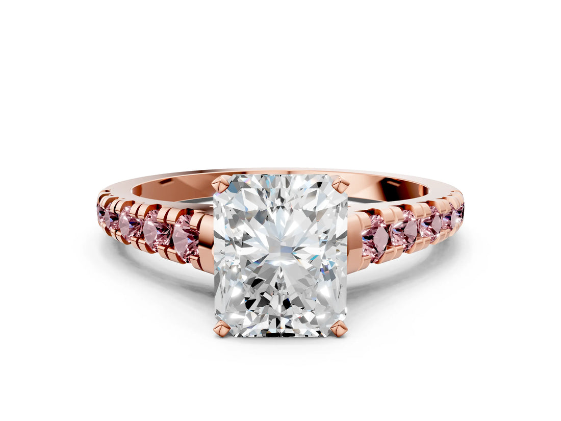 Rose gold Radiant Cut Diamond Cathedral Solitaire Ring with Round with Morganite side stone Pavé Band_12
