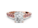 Rose gold Radiant Cut Diamond Cathedral Solitaire Ring with Round with Morganite side stone Pavé Band_12