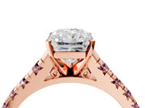Rose gold Radiant Cut Diamond Cathedral Solitaire Ring with Round with Morganite side stone Pavé Band_16