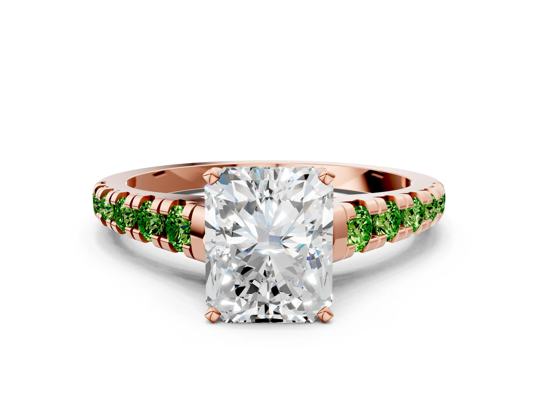 Rose gold Radiant Cut Diamond Cathedral Solitaire Ring with Round with Peridot side stone Pavé Band