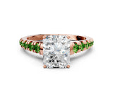 Rose gold Radiant Cut Diamond Cathedral Solitaire Ring with Round with Peridot side stone Pavé Band
