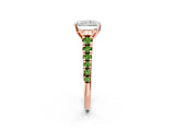 Rose gold Radiant Cut Diamond Cathedral Solitaire Ring with Round with Peridot side stone Pavé Band_2