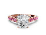 Rose gold Radiant Cut Diamond Cathedral Solitaire Ring with Round with Pink Sapphire side stone Pavé Band_12