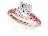 Rose gold Radiant Cut Diamond Cathedral Solitaire Ring with Round with Pink Sapphire side stone Pavé Band_13