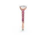 Rose gold Radiant Cut Diamond Cathedral Solitaire Ring with Round with Pink Sapphire side stone Pavé Band_14