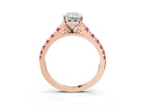 Rose gold Radiant Cut Diamond Cathedral Solitaire Ring with Round with Pink Sapphire side stone Pavé Band_15