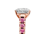 Rose gold Radiant Cut Diamond Cathedral Solitaire Ring with Round with Pink Sapphire side stone Pavé Band_17