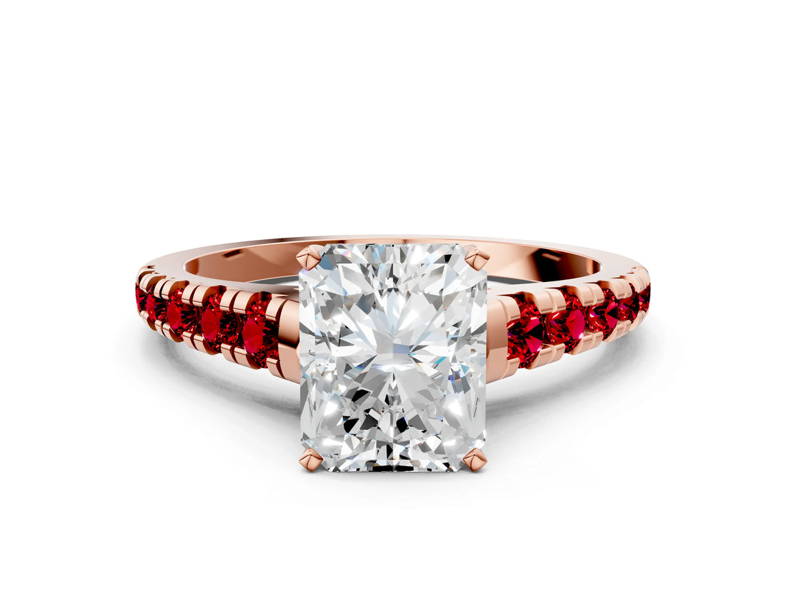 Rose gold Radiant Cut Diamond Cathedral Solitaire Ring with Round with Ruby side stone Pavé Band_24