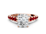 Rose gold Radiant Cut Diamond Cathedral Solitaire Ring with Round with Ruby side stone Pavé Band_24