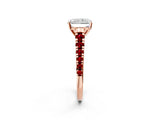 Rose gold Radiant Cut Diamond Cathedral Solitaire Ring with Round with Ruby side stone Pavé Band_26