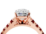 Rose gold Radiant Cut Diamond Cathedral Solitaire Ring with Round with Ruby side stone Pavé Band_28