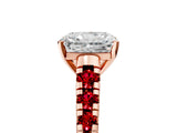 Rose gold Radiant Cut Diamond Cathedral Solitaire Ring with Round with Ruby side stone Pavé Band_29