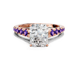 Rose gold Radiant Cut Diamond Cathedral Solitaire Ring with Round with Tanzanite side stone Pavé Band
