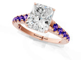 Rose gold Radiant Cut Diamond Cathedral Solitaire Ring with Round with Tanzanite side stone Pavé Band_1