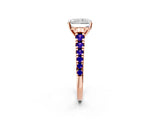 Rose gold Radiant Cut Diamond Cathedral Solitaire Ring with Round with Tanzanite side stone Pavé Band_2