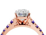Rose gold Radiant Cut Diamond Cathedral Solitaire Ring with Round with Tanzanite side stone Pavé Band_4