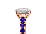 Rose gold Radiant Cut Diamond Cathedral Solitaire Ring with Round with Tanzanite side stone Pavé Band_5