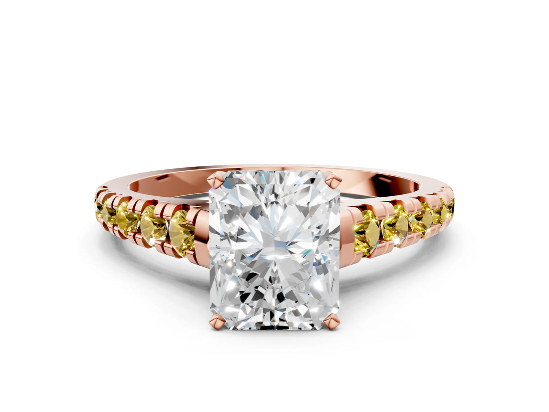 Rose gold Radiant Cut Diamond Cathedral Solitaire Ring with Round with Yellow Sapphire side stone Pavé Band_36
