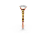 Rose gold Radiant Cut Diamond Cathedral Solitaire Ring with Round with Yellow Sapphire side stone Pavé Band_38