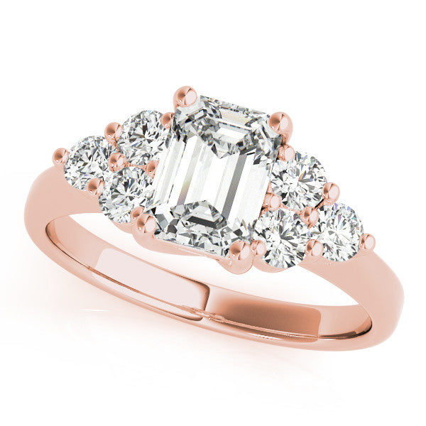 Rose gold Radiant Cut Diamond Cluster Ring with Round Accent Stones and Prong Setting on a Classic Band 1