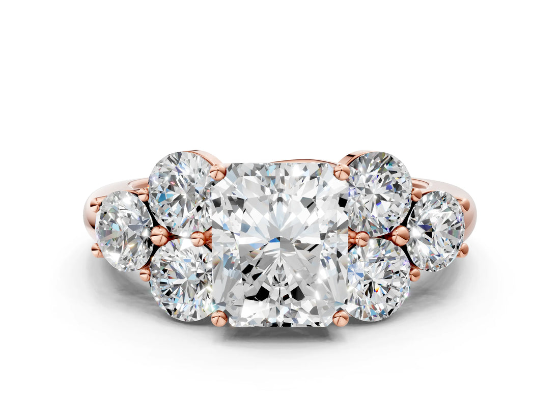 Rose gold Radiant Cut Diamond Cluster Ring with Round Accent Stones and Prong Setting on a Classic Band_60