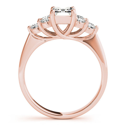 Rose gold Radiant Cut Diamond Cluster Ring with Round Accent Stones and Prong Setting on a Classic Band