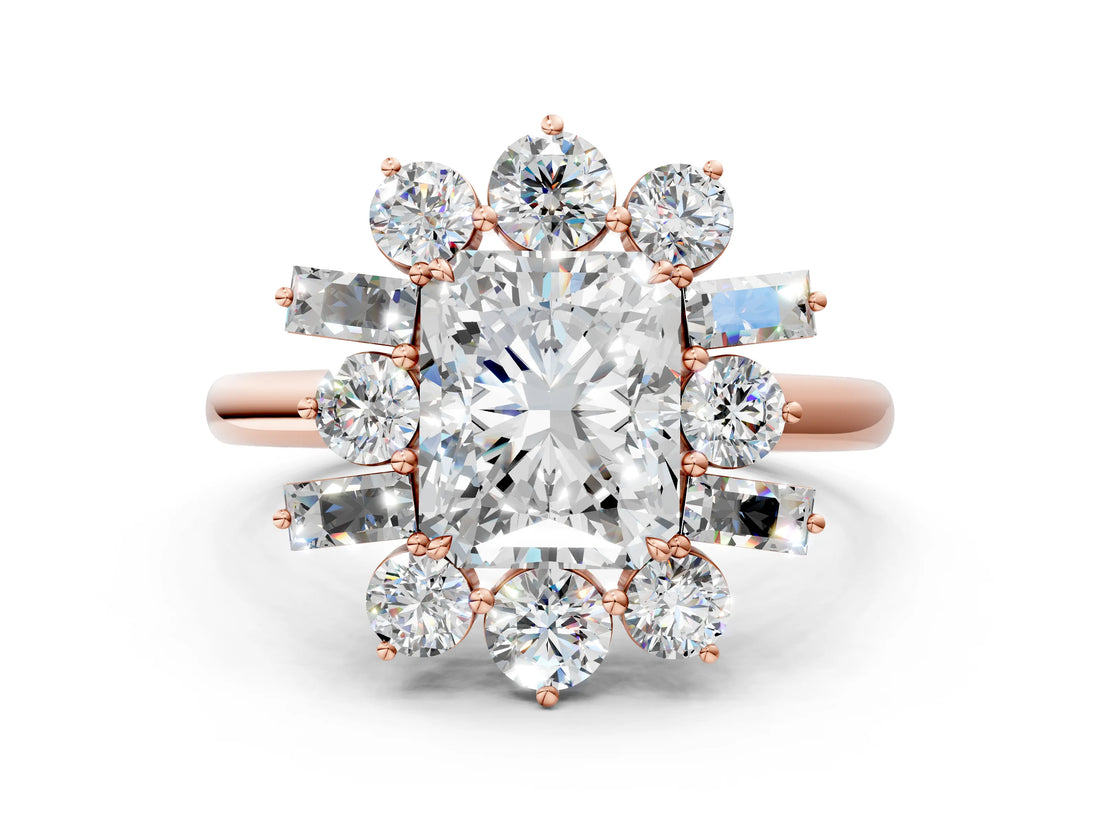 Rose gold Radiant Cut Diamond Cluster Ring with Round and Baguette Stones, Split Shank Band, Prong Setting_3
