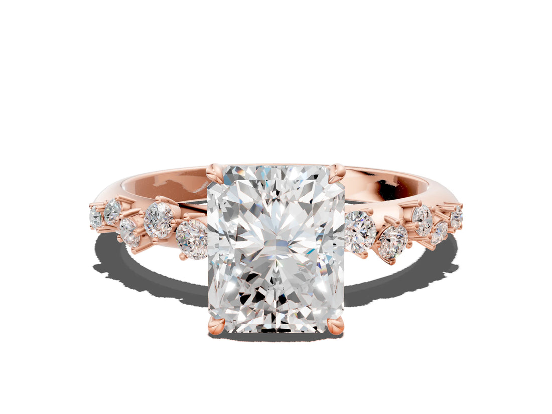 Rose gold Radiant Cut Diamond Cluster Side Stone Solitaire Ring with Prong Setting_61