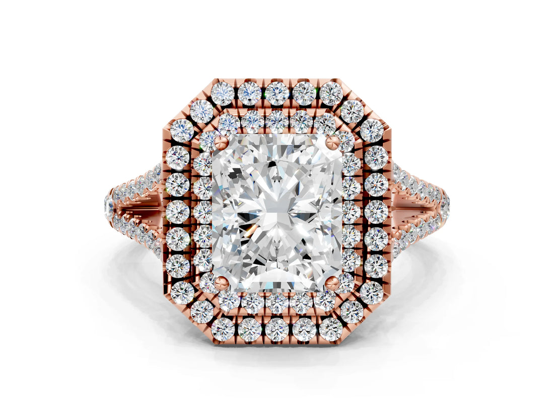 Rose gold Radiant Cut Diamond Double Halo Ring with Pavé Band and Prong Setting_101