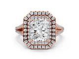 Rose gold Radiant Cut Diamond Double Halo Ring with Pavé Band and Prong Setting_101