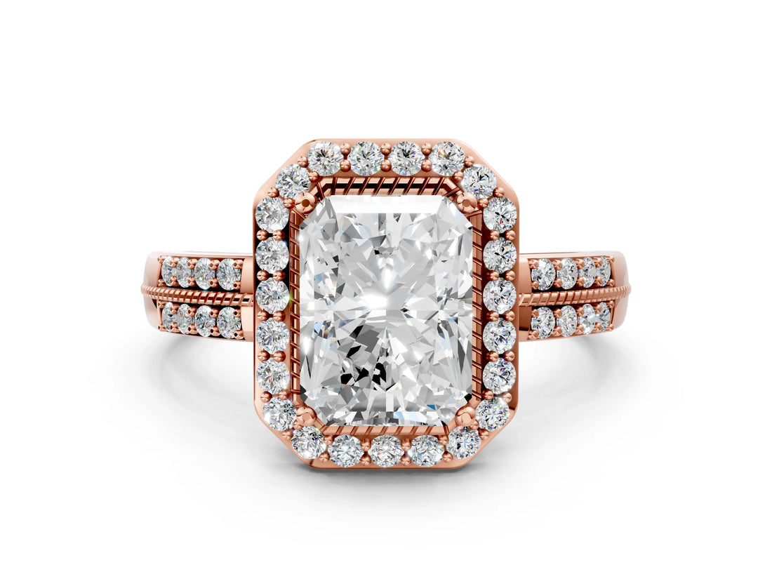 Rose gold Radiant Cut Diamond Double Halo Ring with Split Shank and Four-Prong Setting_3