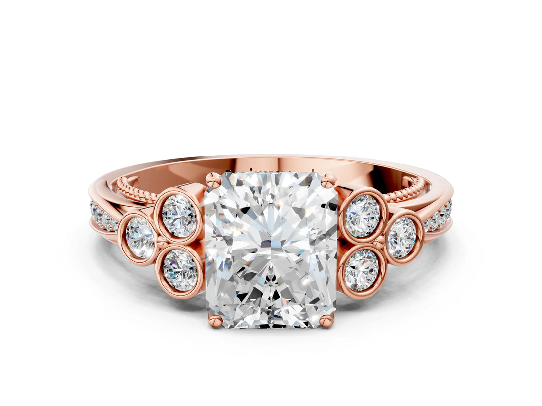 Rose gold Radiant Cut Diamond Engagement Ring with Bezel Set Round Side Stones and Prong Setting_62