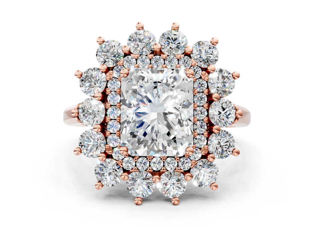 Rose gold Radiant Cut Diamond Floral Double Halo Engagement Ring with Prong Setting_28