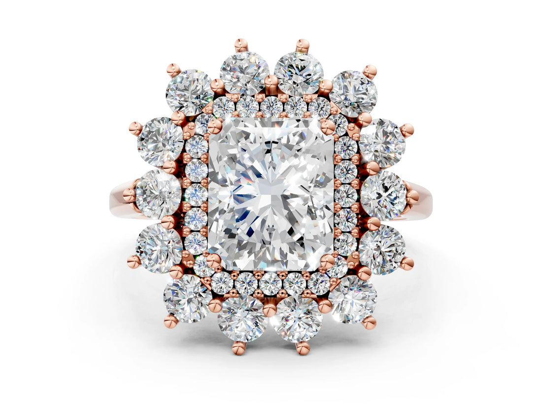Rose gold Radiant Cut Diamond Floral Double Halo Engagement Ring with Prong Setting_76