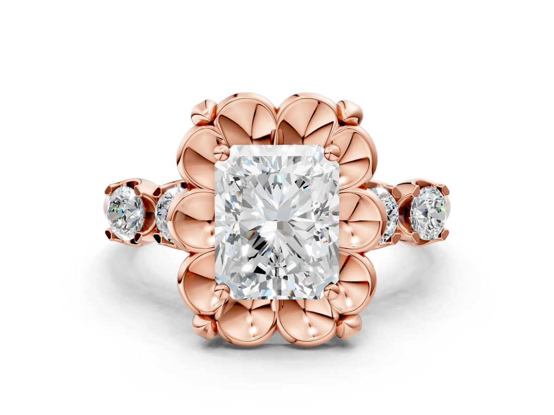 Rose gold Radiant Cut Diamond Floral Halo Engagement Ring with Shared Prong Setting