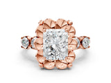 Rose gold Radiant Cut Diamond Floral Halo Engagement Ring with Shared Prong Setting