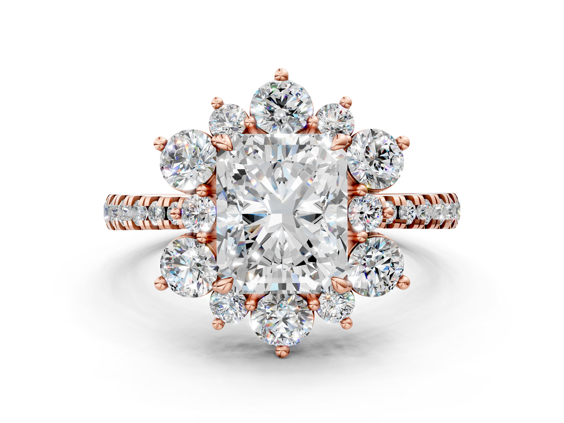 Rose gold Radiant Cut Diamond Floral Halo Pave Band with Prong Setting_36