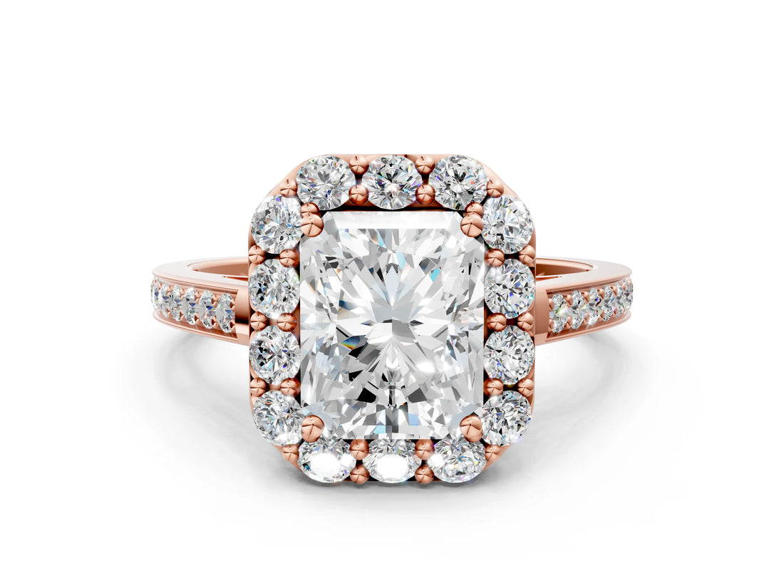 Rose gold Radiant Cut Diamond Floral Halo Ring with Pavé Band and Prong Setting_3