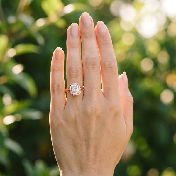 Rose gold Radiant Cut Diamond Halo Engagement Ring with Split Shank and Four-Prong Setting