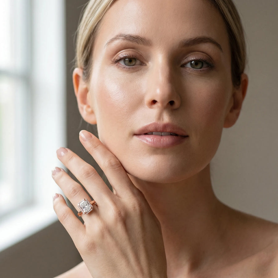 Rose gold Radiant Cut Diamond Halo Engagement Ring with Split Shank and Four-Prong Setting