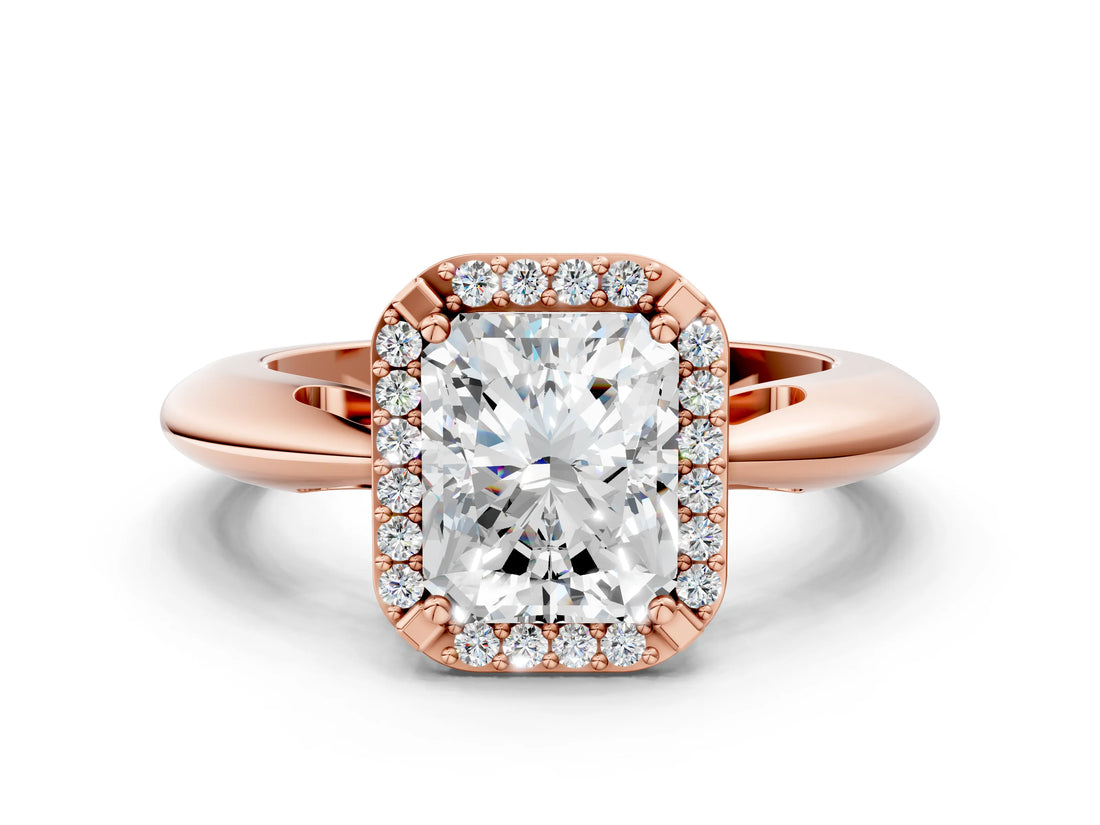 Rose gold Radiant Cut Diamond Halo Engagement Ring with Split Shank and Four-Prong Setting_95